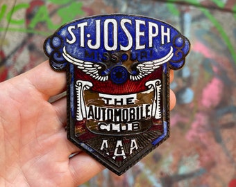 St. Joseph Missouri Automobile Club Badge, License plate Topper, Radiator Badge, Car Emblem, AAA Motor Leauge Antique Automobile Garage Sign