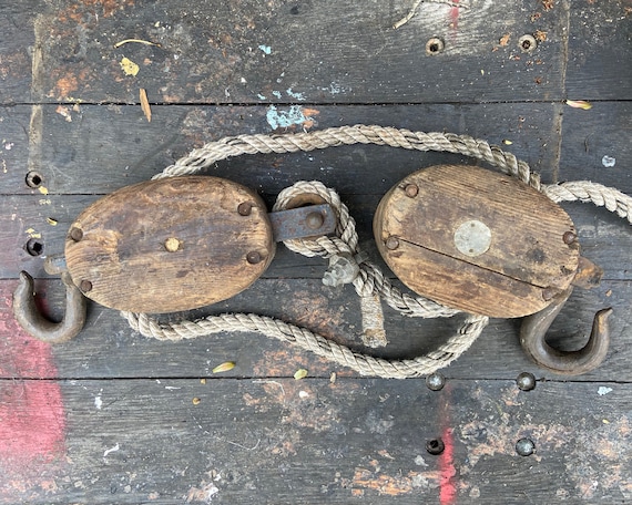 Antique Wooden Pulley System, Primitive Rustic Home Decor, Nautical Rope,  Cabin Decor, Hanging Pulleys, 1800s Shabby Chic, Industrial Ship 