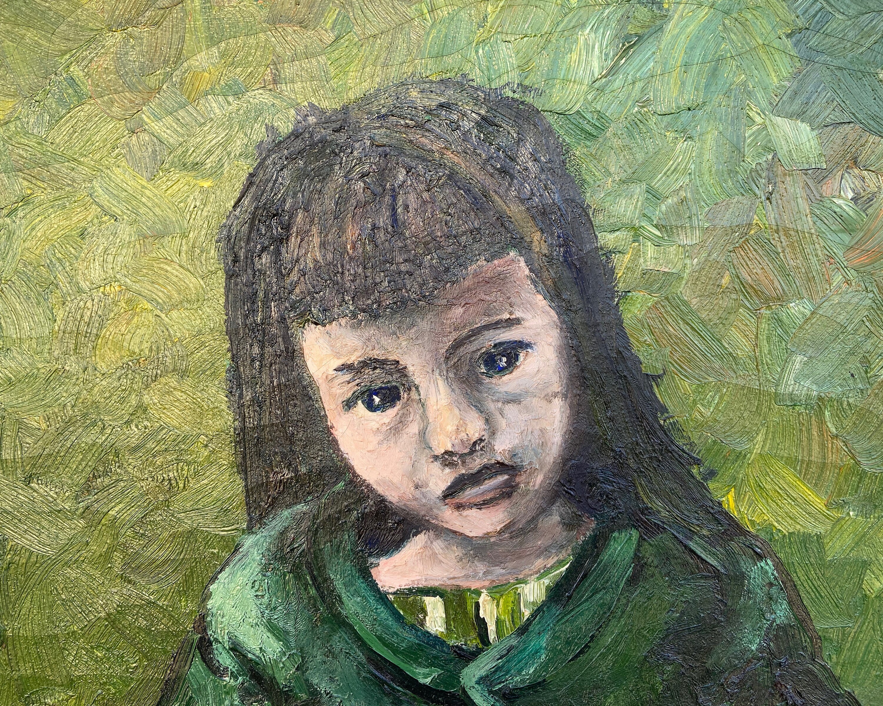 ヴィンテージ印象派絵画：緑のトーンの少女、デル・カスティージョの