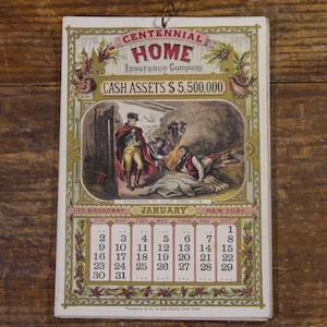 Antiker Kalender, Werbekalender, 1876 CENTENNIAL HOME INSURANCE Company Revolutionäre Kriegsszenenkarten, Patriotische antike Wanddekoration