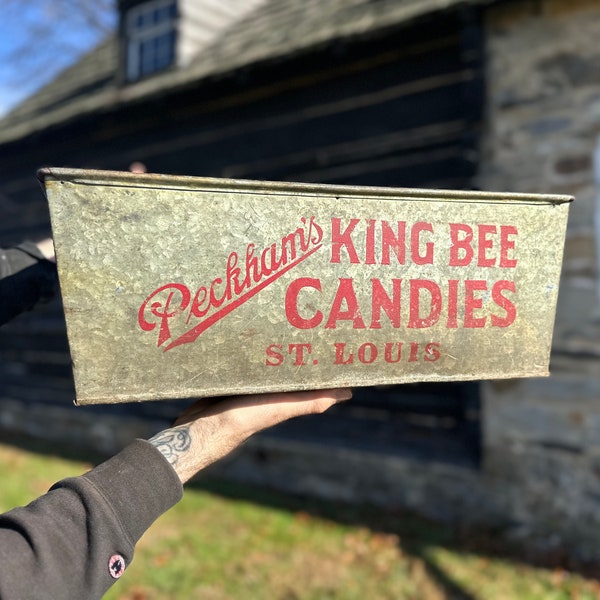 Peckhams King Bee Candies Steel Bin ST LOUIS Advertising Sign, Rustic Home Decor, Industrial, Rustic Decor, Primitive, Flower Box, Candy Tin