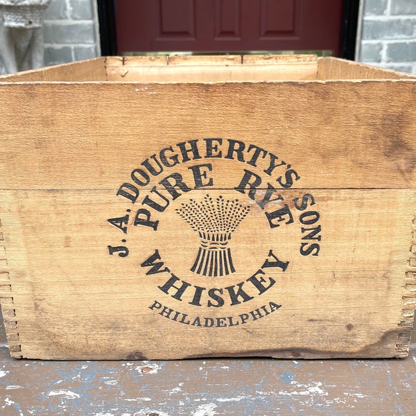 Antique Prohibition Era Whiskey Crate VERY RARE J .A Dougherty's Rye Whiskey Philadelphia Old Overholt Rustic Decorations Old Fashioned