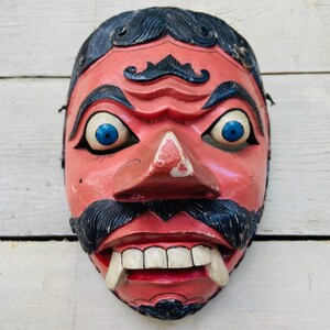 Vintage Carved Wooden Devil Mask: Balinese Wall Art
