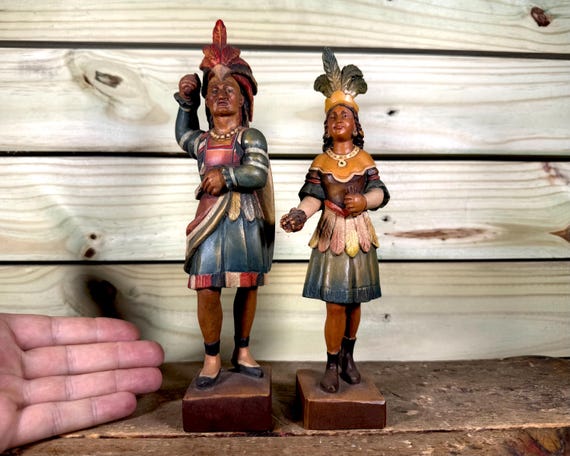 Vintage ANRI Hand Carved Wooden Native American Statues: Folk Art