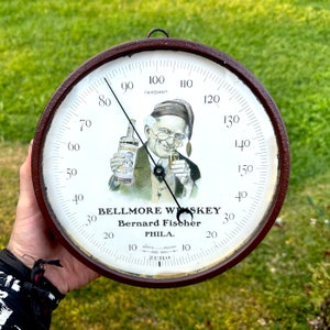 Bellmoe Whiskey Antique Thermometer with Great Graphic! Bernard Fischer Philadelphia Advertising Sign, Wall Hanging Decor, Beer Bar Pub Sign