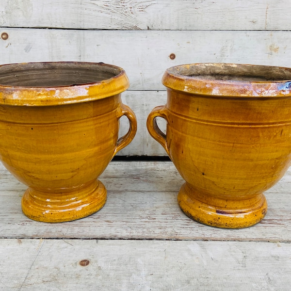 Antique French Ochre Pots, Stoneware Planters, Large Urns, Mustard Color, Vintage Confit Pot, Glazed Jugs, Ovid Jar, Crock Vintage Farmhouse
