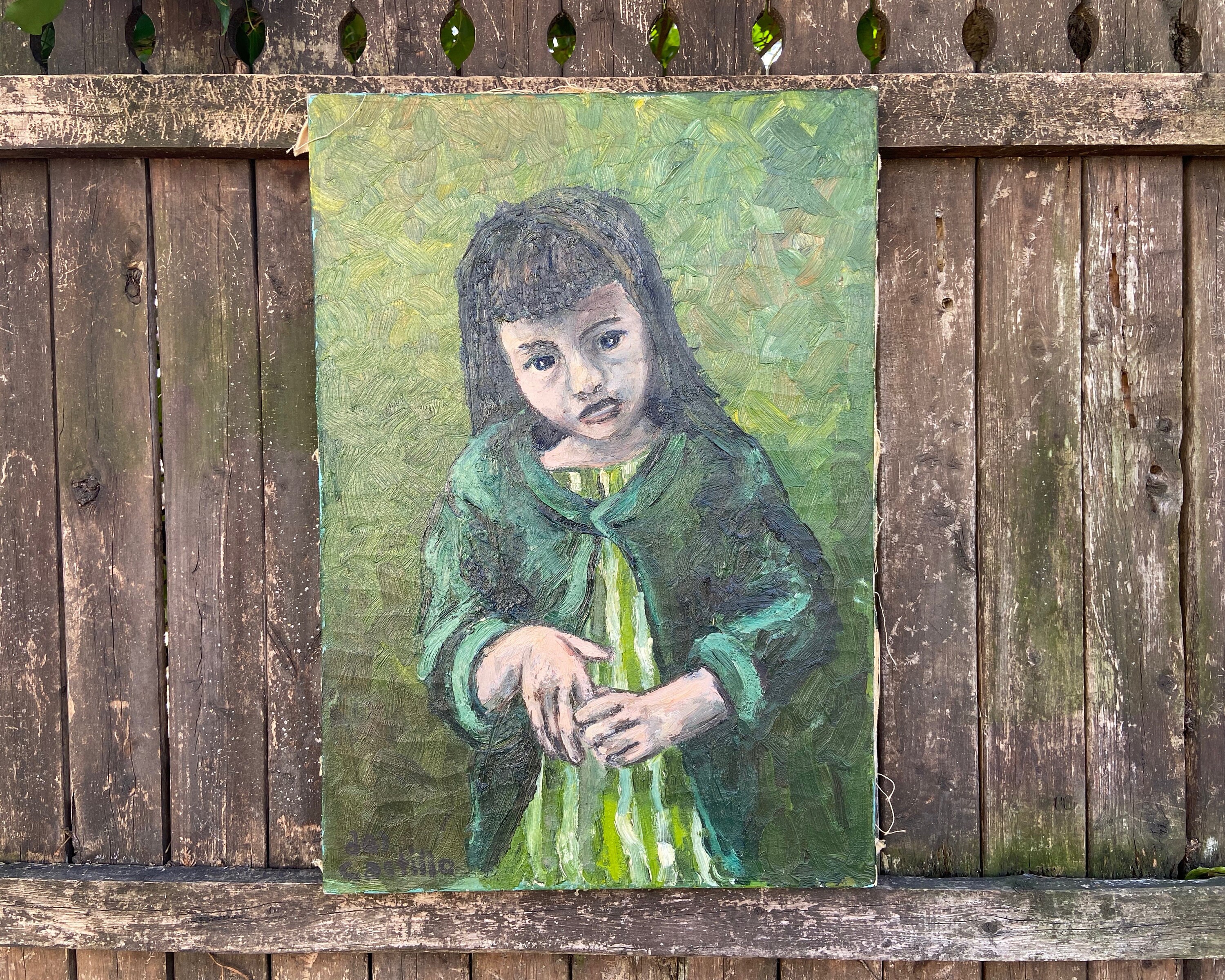 【吉野不ニ太郎】女性 ギター 絵画 印象派 ヴィンテージ印象派絵画：緑のトーンの少女、デル・カスティージョの