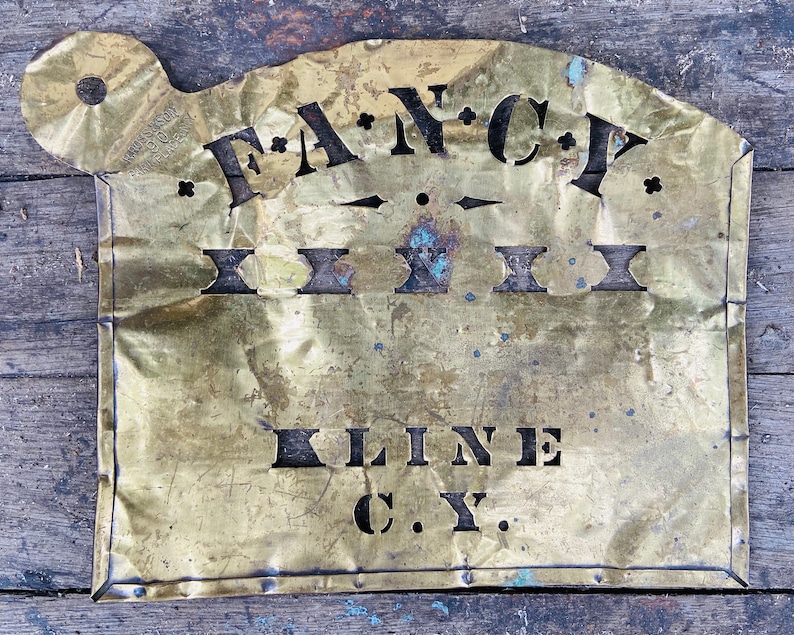 Antique Brass Stencil 1800s Primitive Advertising Decor C.Y KLINE FANCY Collectible Sign Old Fashioned Box Stencil R Ross Park Place NYC