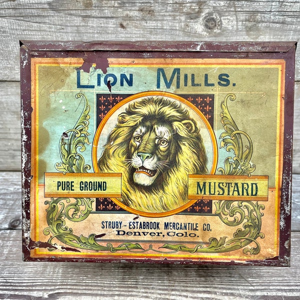 Antique Lion Mills Advertising Tin Denver Colorado Struby Estabrook Mercantile Co RARE Mustard Tin GREAT GRAPHICS Spice Box Kitchen Decor