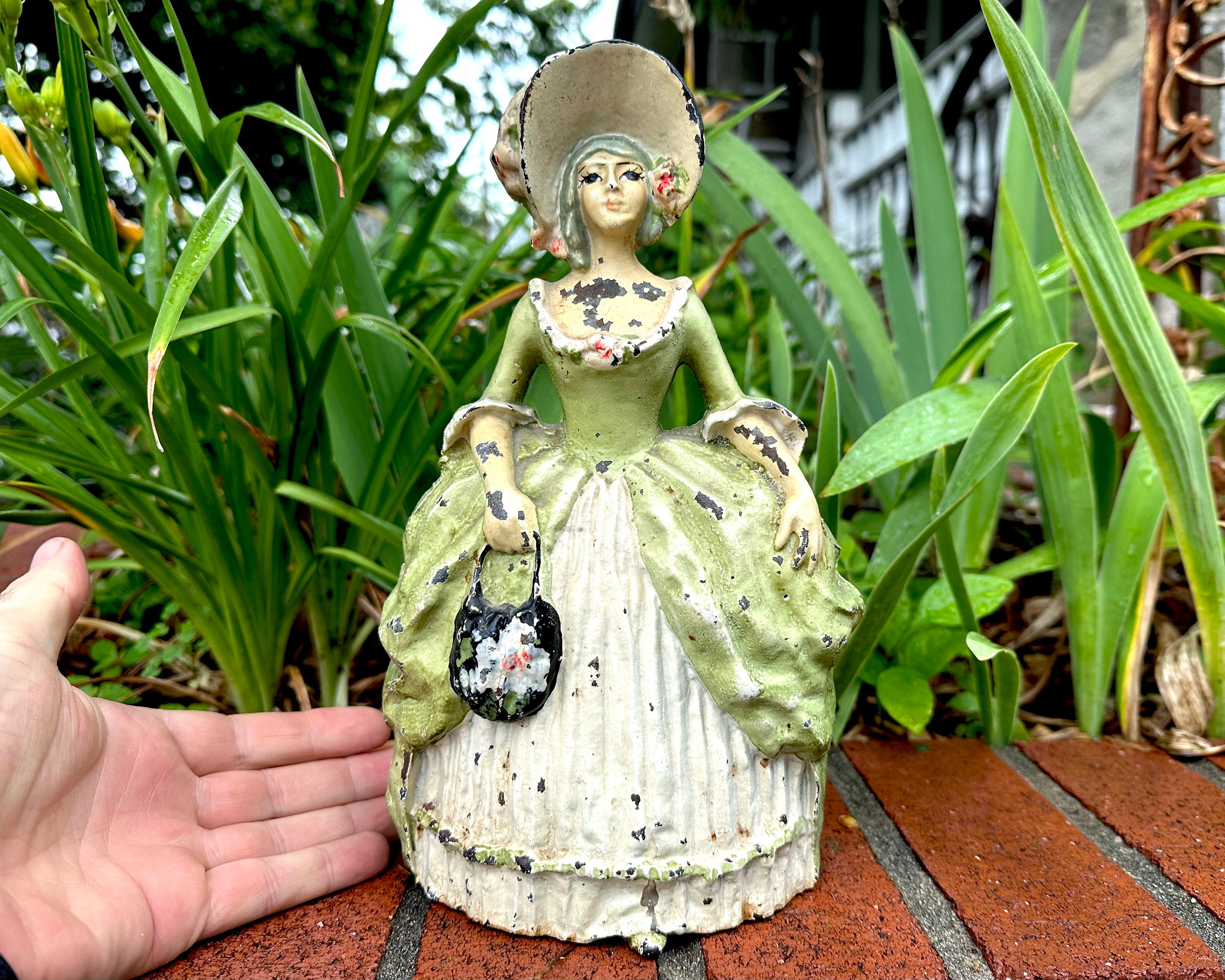 Antique Cast Iron Doorstop: 19th Century Maiden Statue, Crackle