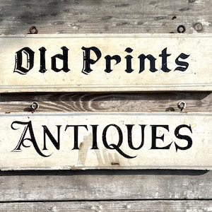 Vintage Antiquitäten und alte Drucke Schilder, Antikes Kaufladenschild 1940er - 50er Jahre, Wandbehang Dekor, Holz Handelsschilder, Wandkunst, Primitive Shabby