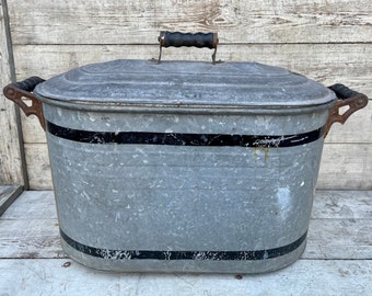 Antique Galvanized Boiler Vintage Wash Tub Basin Farmhouse Antiques Rustic Home Decor Large Boiling Pot Fashioned Handle Primitive Planter