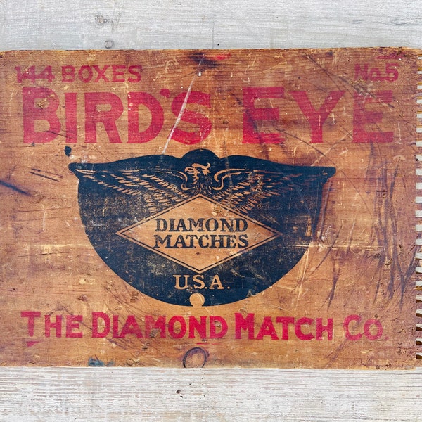 Diamond Matches Wooden Sign with Eagle, Birds Eye Matches, Wood Crate End, General Store Country Store Wall Decor, Antique Advertising Decor
