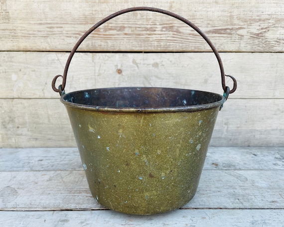 Antique Brass Pot Vintage Wash Pot Basin Farmhouse Antiques Rustic Home  Decor Large Boiling Pot Old Fashioned Iron Handle Primitive 
