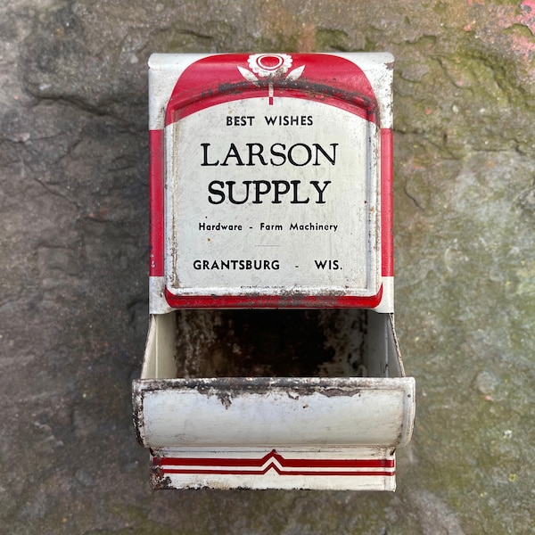 Larson Supply Advertising Match Holder Box Grantsburg Wisconsin, Farm Machinery Hardware Store Wall Hanger, Tin Match Safe, Wall Decor