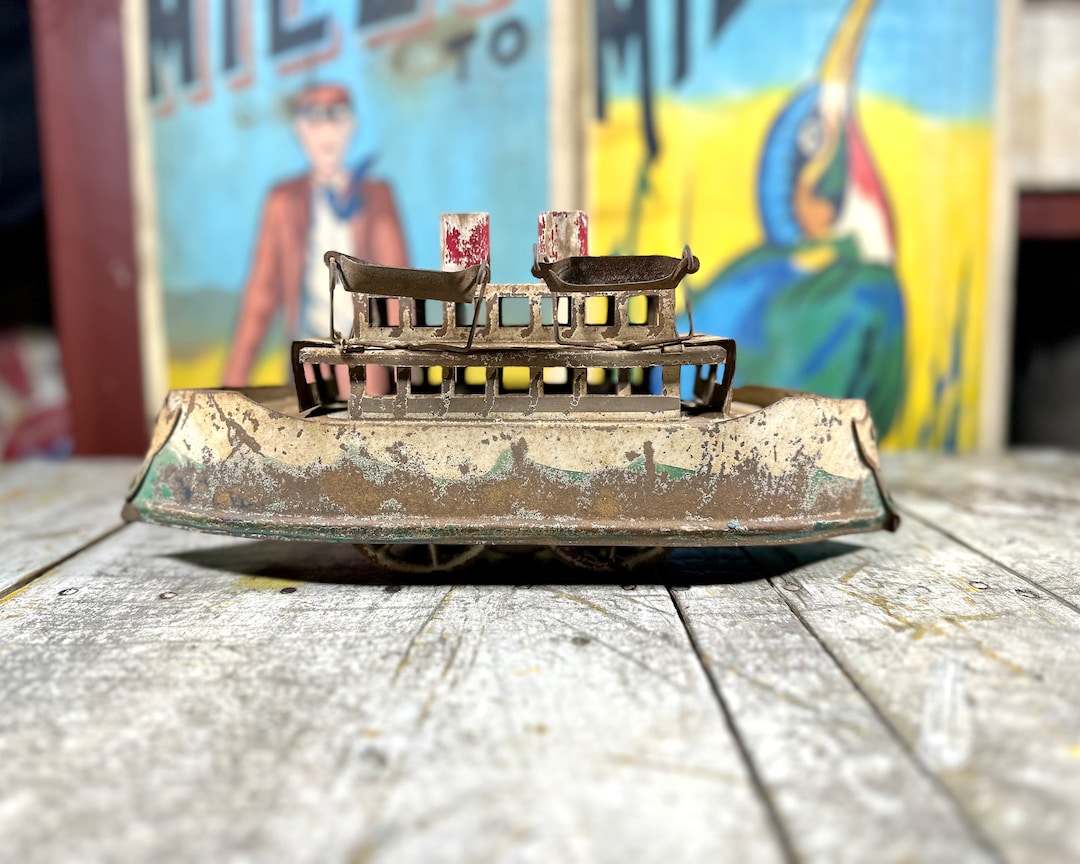 Antique Tin Toy Boat With Lifeboats, Steam Boat, Metal Ship, EARLY
