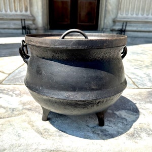 Antique Cast Iron Cauldron: 1800s Vintage Footed Pot with Lid