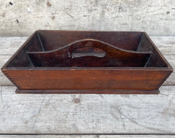 Primitive Wooden Tray, Antique Cutlery Box, Table Organizer, Wood Box, Cubby Box, Divided Tray, Kitchen Utensil Holder, Rustic Country Decor