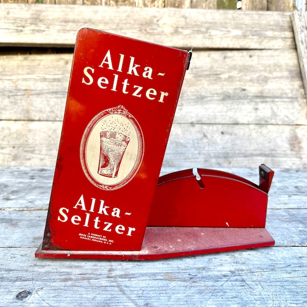 Vintage Alka Seltzer Tape Dispenser Store Display, Tin Sign, Early Office Supplies, Counter Top Country General Store Decorations