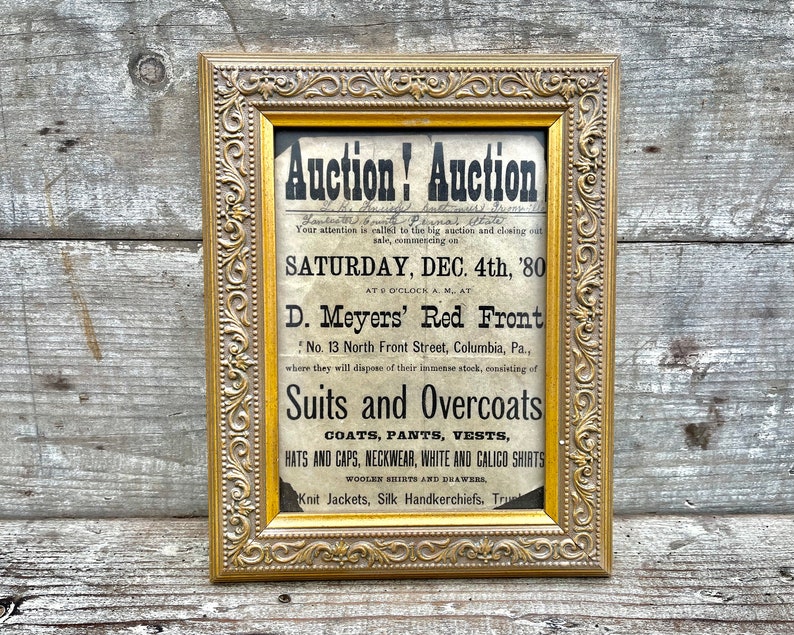 Antique 1880s Auction Advertisement Sign: Columbia PA, D. Meyers Work ...