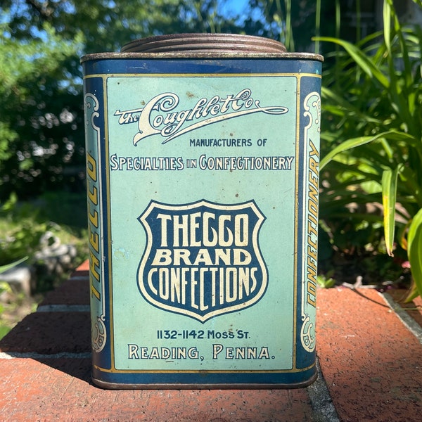 Antique Thecco Brand Confections READING PA Advertising Tin Can Candy Can General Store The Coughlet Co Vintage Home Decor