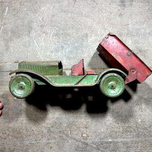 Antique Toy Dump Truck, Early Pressed Steel Truck, Green Grungy Old Paint, 1920s Vintage Toys