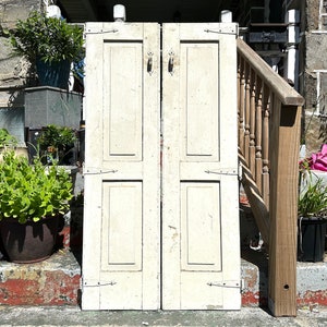 Antique COTTAGE Shutters Vintage Pair of Shutters Rustic WHITE PAINTED Shutter Doors Architectural Salvage Antiques Yard Doors Old Panel