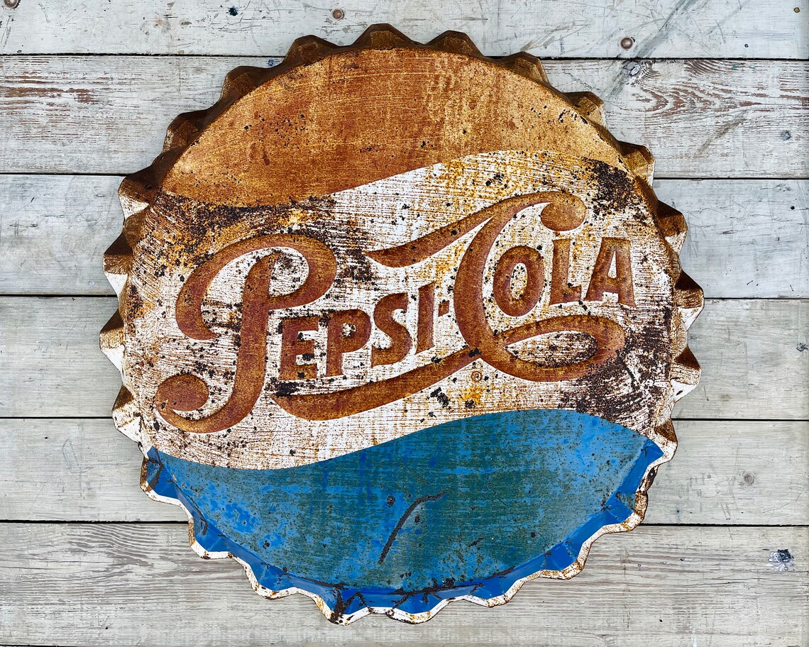 Vintage Pepsi Bottle Cap Sign 27 1/2'' Tin Button Etsy
