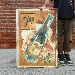 Rare Large Embossed 7up Soda Sign: Patina Advertising Decor