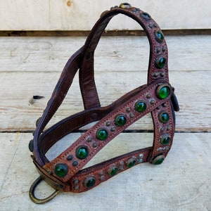 Antique Dog Harness, Studded Leather Green Cat Eyes Marbles Jewels Buckle, VINTAGE Dog Harness, AMAZING RARE Small Dog Collar, Early Studs