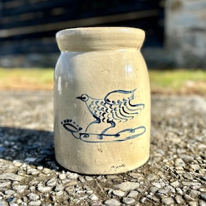 Vintage fågelkruka i stengods: Primitiv bondgårdskeramik, Chester County, Pennsylvania