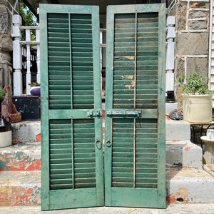 Large pair of Antique Shutters 63&#39;&#39; x 19&#39;&#39;,  Reclaimed Barn Wood Door, Green Louvered Shutter doors, Architectural SALVAGE ANTIQUES, Rustic