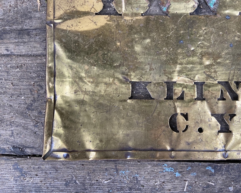 Antique Brass Stencil 1800s Primitive Advertising Decor C.Y KLINE FANCY Collectible Sign Old Fashioned Box Stencil R Ross Park Place NYC