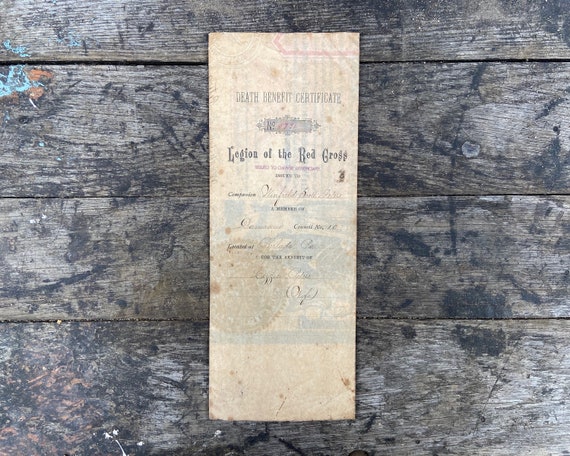 Antique Death Certificate 1000 Dollars Legion of the Red Cross