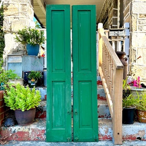 Large Antique Shutters Vintage Pair of Shutters Rustic GREEN PAINTED Shutter Doors Architectural Salvage Antiques Yard Doors Old Panel