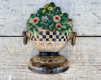 Antique Cast Iron Doorstop Early Nice Old Paint Flower Floral Checkerboard Gothic Victorian Home Decor 1800s BOUQUET Garden Art Primitive