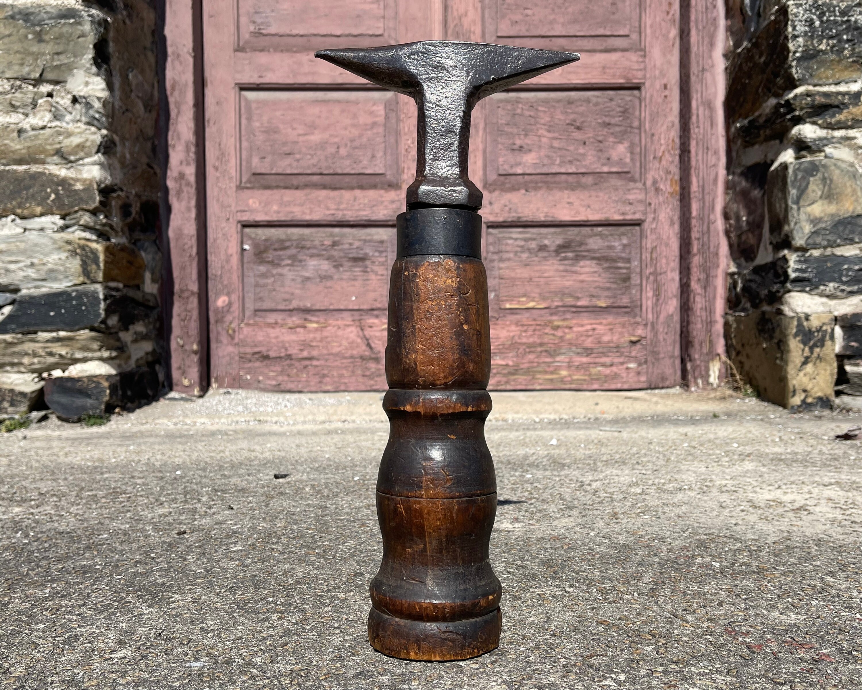 Antique Tinsmith Anvil: 18th Century Blacksmith Tool on Wooden