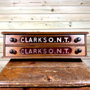 Antique Wooden Spool Cabinet: Clark&#39;s ONT Advertising Sign
