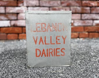 Boîte à lait Lebanon Valley Dairies : métal galvanisé vintage, décoration de ferme rustique