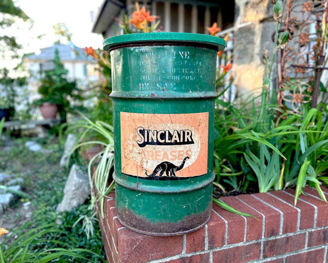 Vintage SINCLAIR Oil Drum: DINO Dinosaur Graphic, Industrial Decor