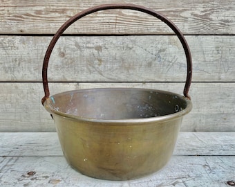 Antique Brass Pot Vintage Wash Pot Basin Farmhouse Antiques Rustic Home Decor Large Boiling Pot Old Fashioned Iron Handle Primitive