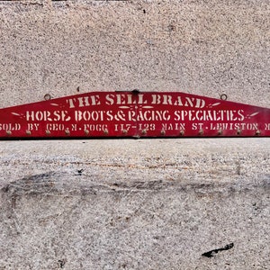 Antique Horse Racing Equipment Sign in Old Silver and Red Paint, Wooden Trade Sign, The Sell Brand LEWISTON MAINE New England Primitive
