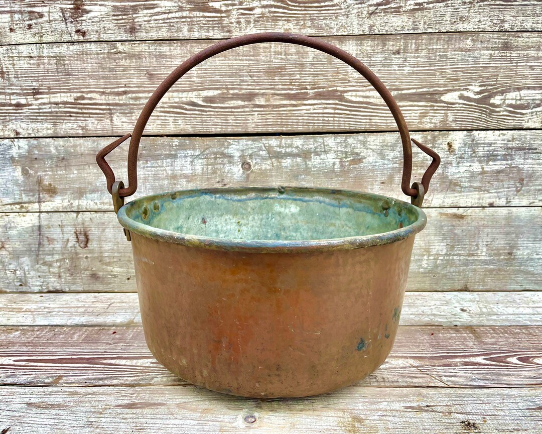 Antique Apple Butter Pot 15, LARGE Copper Cauldron With Iron Handle