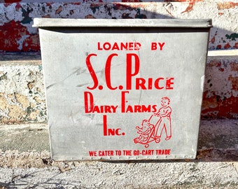 Boîte à lait antique galvanisée : publicité des fermes laitières S.C. Price