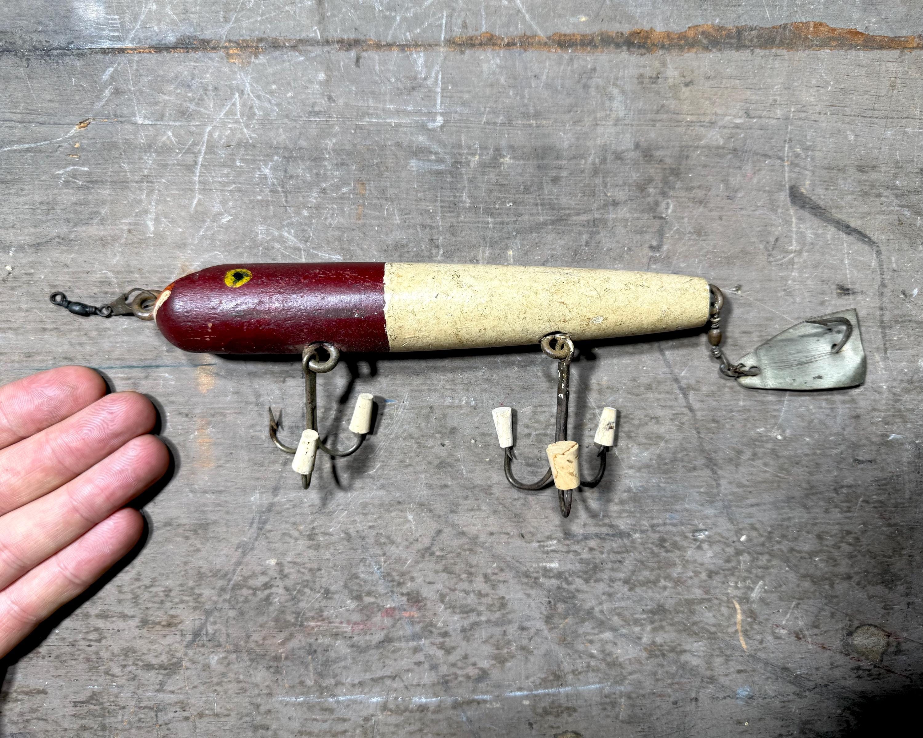 Antique Folk Art Fishing Lure: Large Hand Painted Wooden Hook (7'')