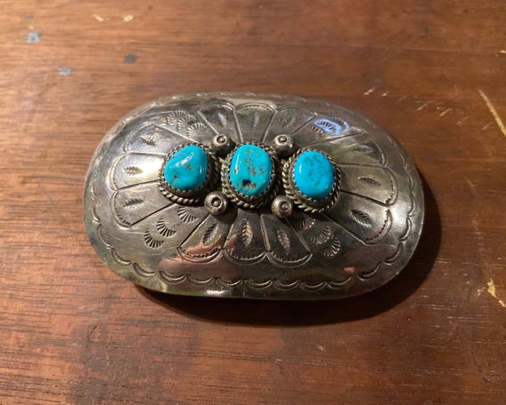 Navajo Sterling Silver and Turquoise Belt Buckle … - image 2