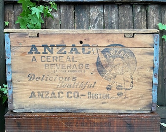 Antique Wooden Crate With Lid Anzac CO Boston MA Massachusetts Cereal Beverage Prohibition Era Advertisement Tonic Soda Box Old Bottle Case