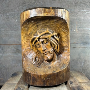 Folk Art Carved Wooden Jesus Face, Large Wood Log Carving, Figural Religious Home Decor, Mid Century circa 1950s - 1960s