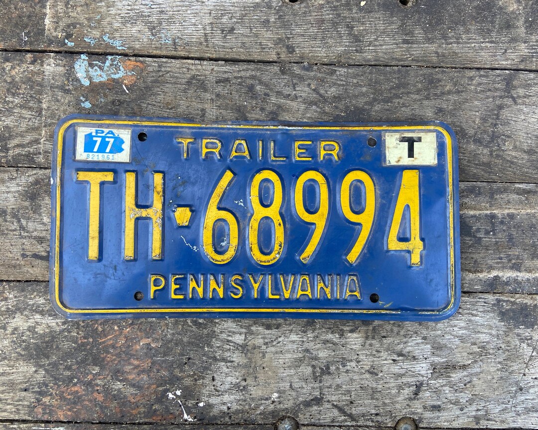 Vintage License Plate Pennsylvania Trailer PA Blue and Yellow Aged Distressed Wall Decor Old Car