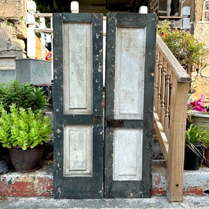 Antique Double Panel Shutters: Distressed Green & White, Architectural Salvage